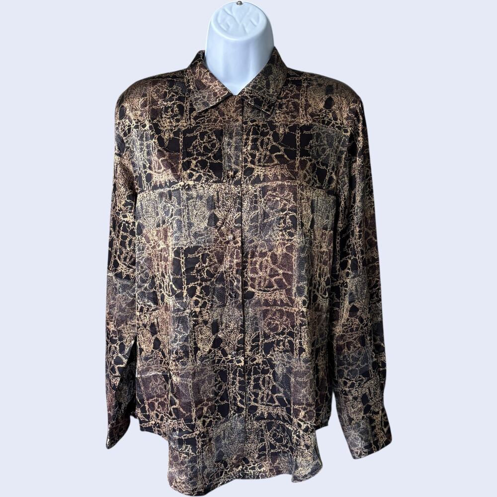 Dressbarn Y2K Abstract Collared Blouse Black Beige Long Sleeve Grunge Minimalist